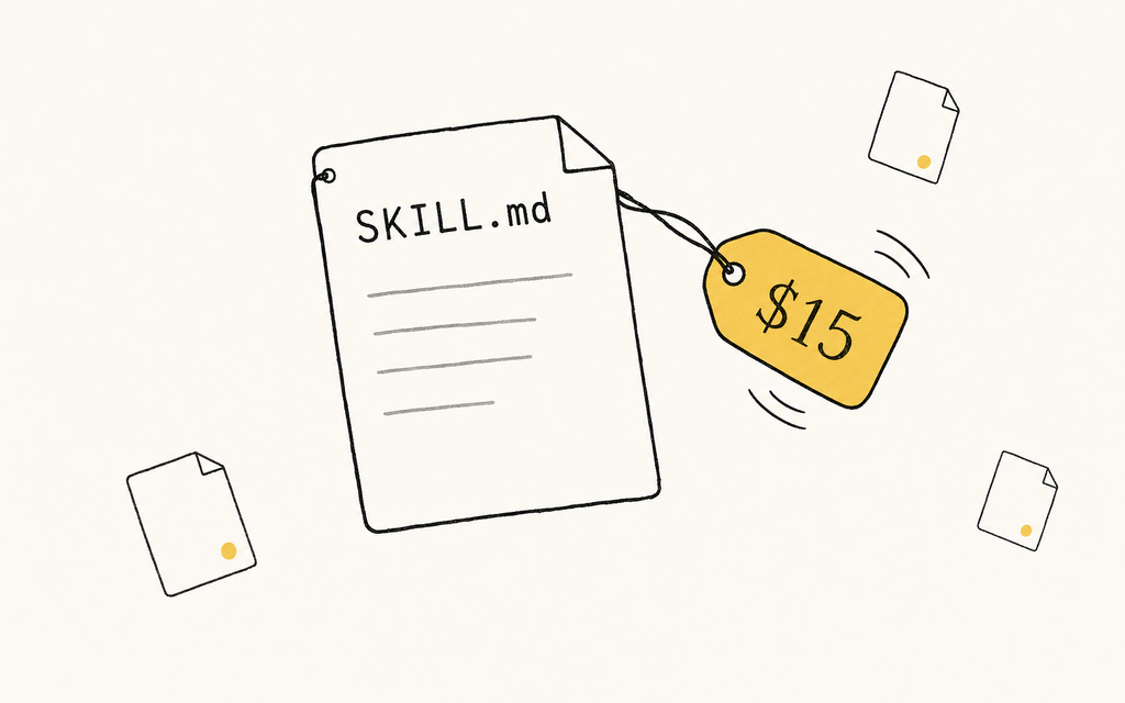A SKILL.md file with a small paper price tag tied to it on a string, swinging gently. Hand-drawn, warm cream background, black ink.